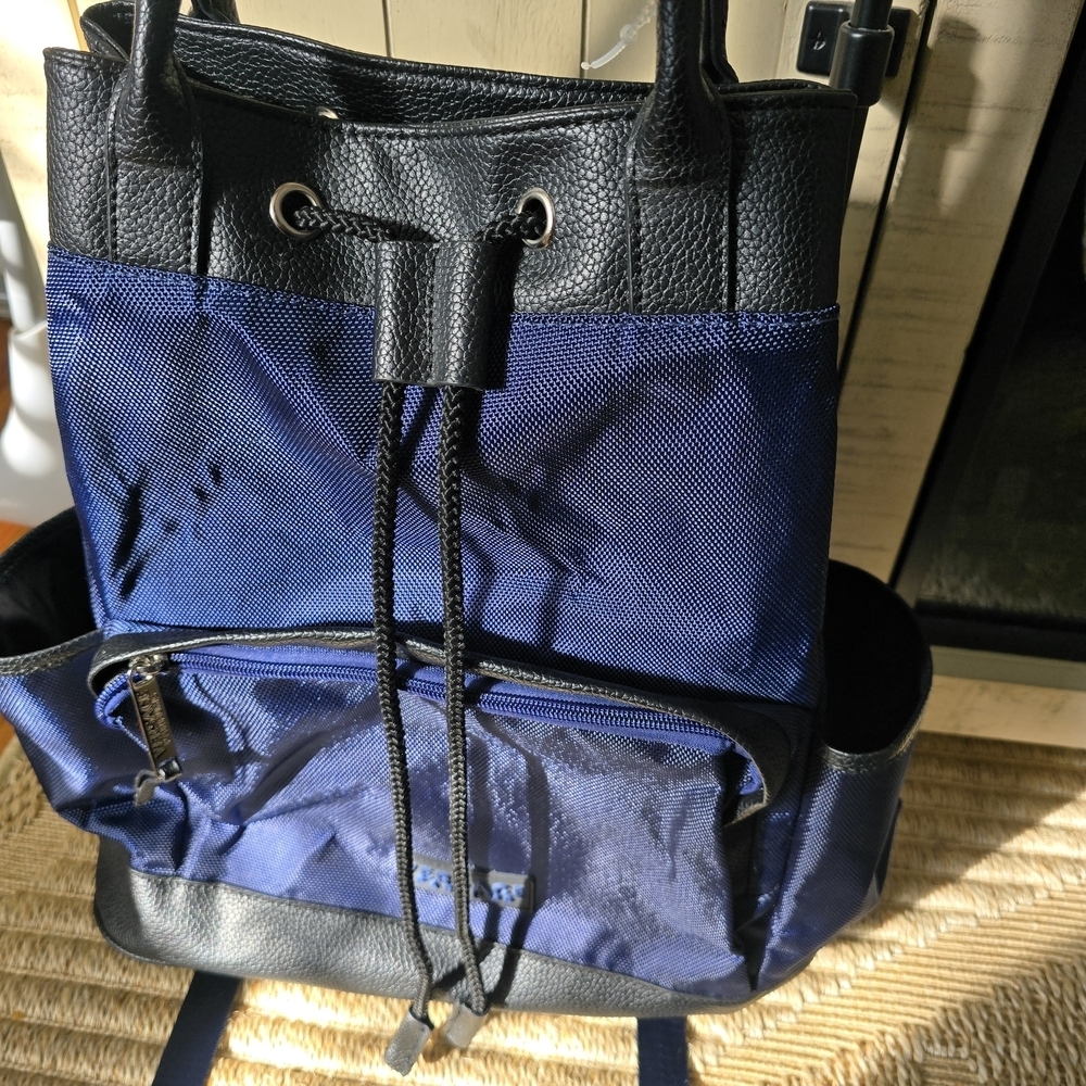 Versace Navy and Black Drawstring Backpack with Front Zip Pocket - Picture 2 of 10